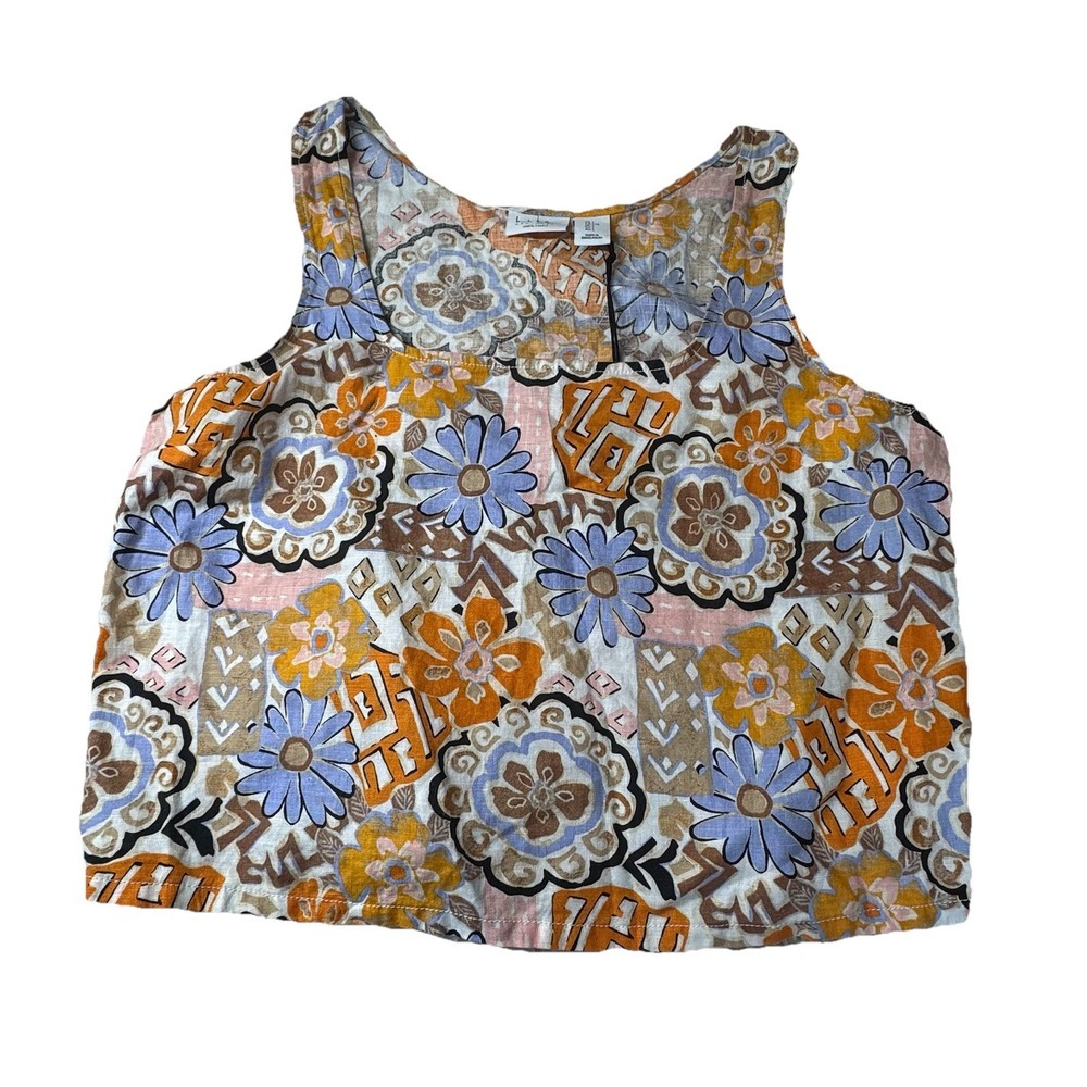 Nicole Miller Top Large Floral Print Linen Blend Crop Tank Cottagecore Lagenlook